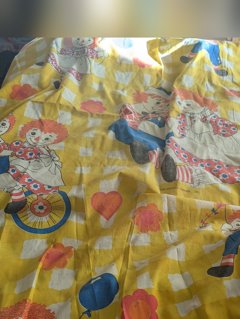 Vintage Raggedy Ann and Andy Twin Flat Sheet Yellow Gingham Bedding Bobbs-Merril
